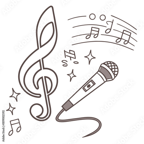 Musical Notes And Microphone Illustration With Treble Clef And Stars In A Simple Line Art Style On A White Background