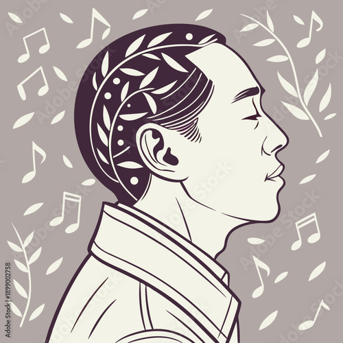 Pixel Art Portrait of a Man in Profile Eyes Closed With Laurel Wreath Design in Hair and Musical Notes Floating Around Him On a Muted Purple Background