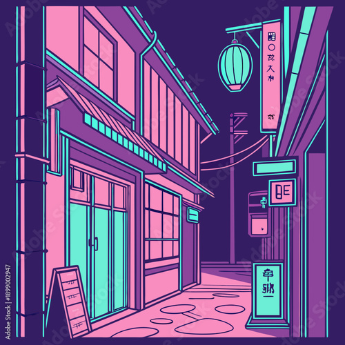 Retro Pixel Art Japanese Alleyway at Night With Pink and Teal Neon Glow Illuminating Traditional Buildings and Street Lanterns Vibrant Cityscape