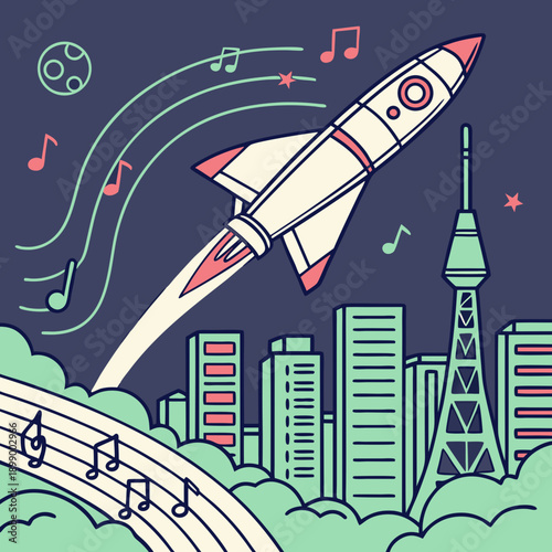 Retro rocket ship blasting off into a starry night sky above a stylized cityscape with musical notes floating upwards representing sonic travel and exploration with a crescent moon in the distance