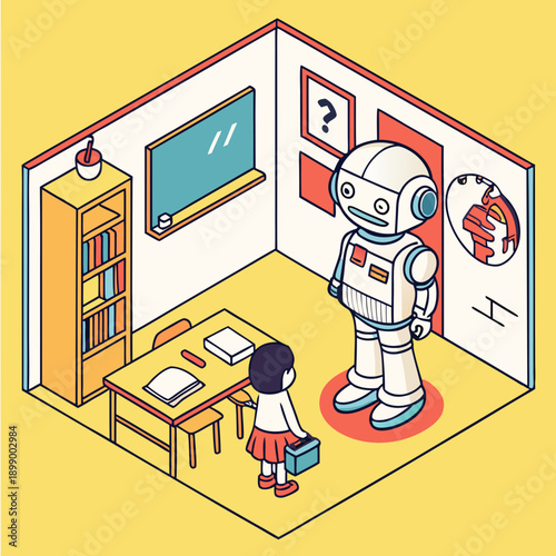 Retro Style Robot Standing In A Classroom Next To A Young Student With Bookshelf And Desk With Books In A Bright Yellow Room With Clean Isometric View