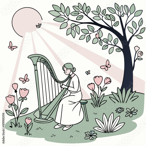 Serene Woman Plays Harp in Sunlit Garden Surrounded by Butterflies and Pink Flowers Gentle Melody Under a Large Tree Bathed in Soft Light