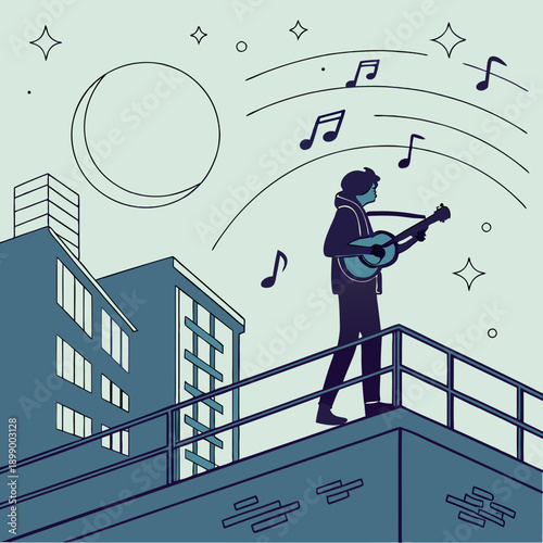 Silhouette of a person playing a lute on a rooftop under a large moon with musical notes and stars in a stylized pixel art aesthetic with teal and deep blue colors