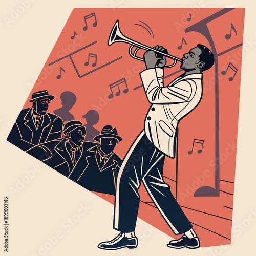 Skilled Jazz Musician Plays Trumpet on Stage in Silhouette with Audience Watching in Dimly Lit Room with Musical Notes Floating Around Him