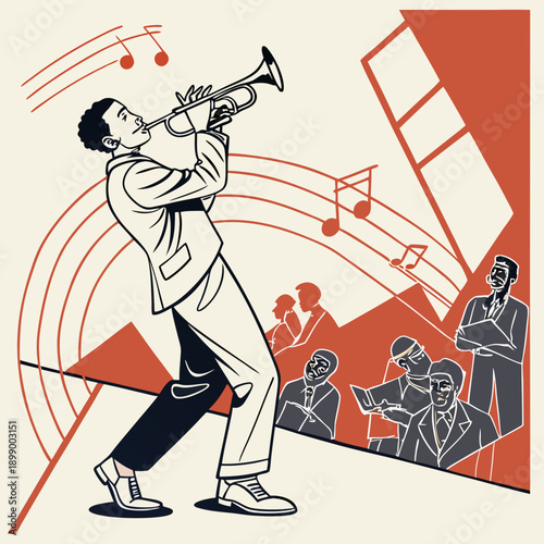 Solo Jazz Musician Plays Trumpet on Stage with Animated Musical Notes and Silhouetted Audience in Warm Lighting and Geometric Background Details