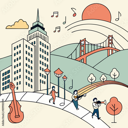 Stylized Cityscape With Musicians Playing Instruments Near A Famous Bridge Under A Warm Sunset Sky And Musical Notes Floating In The Air