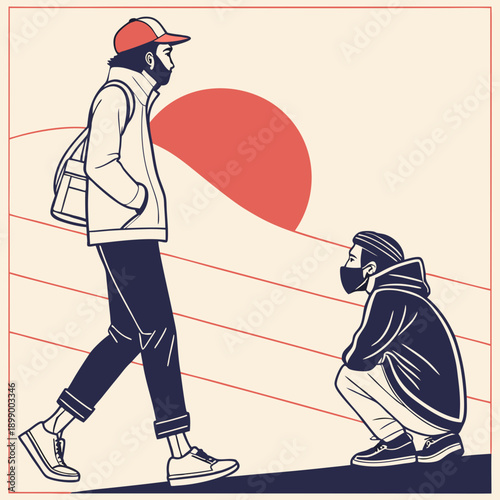 Two Men Dressed in Casual Streetwear With One Walking and the Other Crouching Outdoors Under a Red Sun Disc Against a Light Cream Background With Red Line Accents
