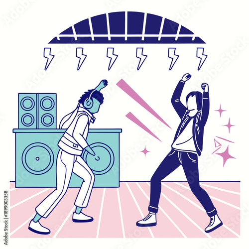Two People Dancing Energetically Under Decorative Lights and Speakers At A Disco Club With A Retro Vibe