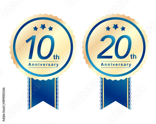 10周年・20周年の記念アニバーサリーロゴ、ゴールドとブルーのメダル型ラベル、ベクター素材 お祝い 周年記念 イベント 設立記念