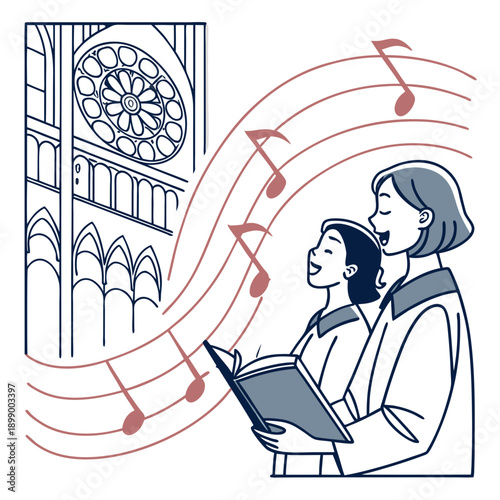 Two Women Singing Together in a Choir with Musical Notes Flowing Around Them and Gothic Architecture in the Background in Soft Lighting