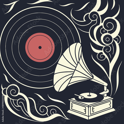 Vintage Gramophone With A Vinyl Record And Swirling Decorative Elements In A Dark Color Palette
