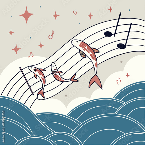 Whimsical Illustration of Three Koi Fish Swimming Along Musical Notes Over Wavy Blue Ocean Under a Starry Sky with Soft Clouds