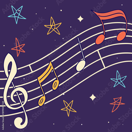 Whimsical Musical Notes and Stars on a Deep Purple Background with a Treble Clef Dancing Along a Staff Under Gentle Lighting
