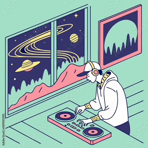 Young Man Wearing Headphones and Hoodie DJs Music with Turntables in Room with Outer Space View Through Window and Abstract Art on Wall in Pastel Colors
