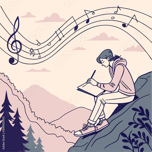 Young Person Sitting on Rocky Cliff Outdoors Composing Music With Notebook and Pencil Amidst Scenic Mountain Landscape Under a Sky with Musical Notes and Clouds Pastel Colors Artistic Illustration