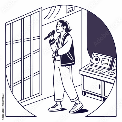 Young Person Singing Enthusiastically into a Microphone in a Karaoke Booth with Music Equipment and Geometric Window Design Vibrant Fun Evening Entertainment