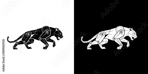 Graphic illustrations of a walking panther in black and white against a split white and
