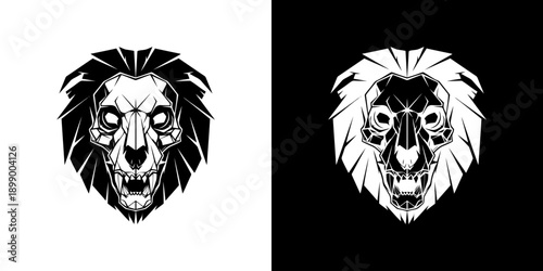 Black and white illustrations of lion heads on contrasting backgrounds