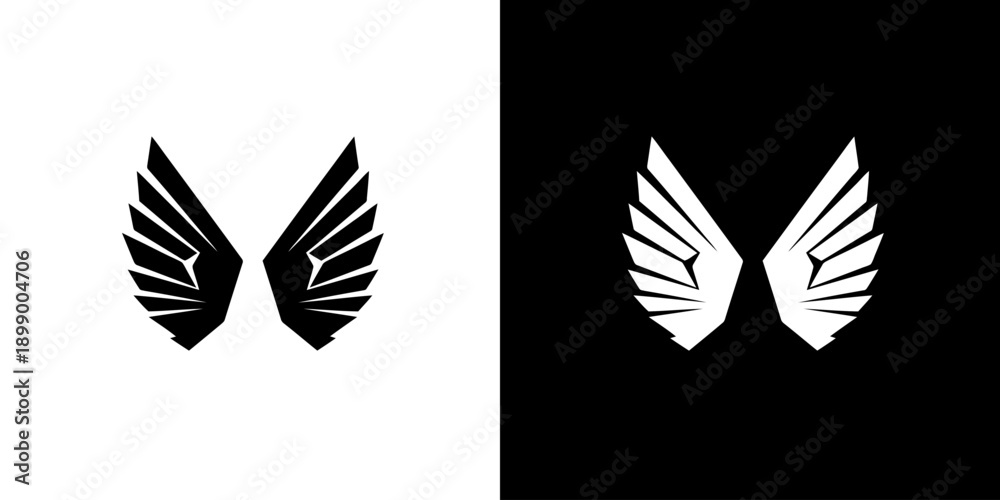 Obraz premium Graphic illustration of black and white wing icons on split contrasting backgrounds.
