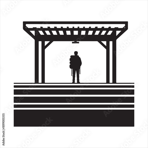  Solo Traveler at Train Station vector silhouette line art logo design concept illustration