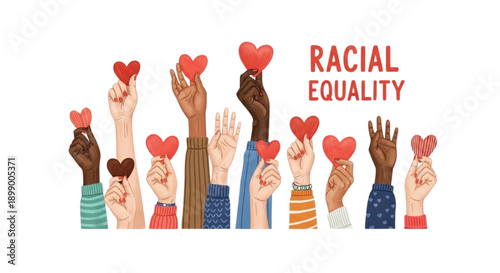 Racial Equality Diverse Hands Holding Hearts Unity Inclusion Illustration