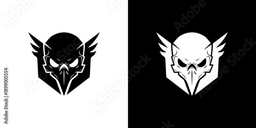Black and white eagle head logos with wings on split background