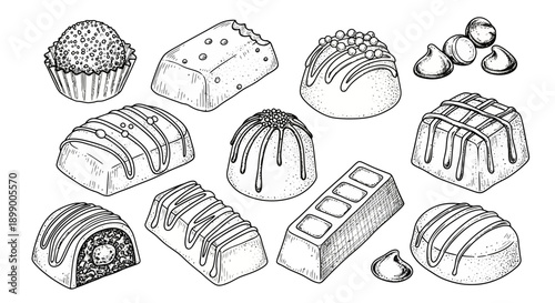 Hand-drawn sketch illustration of a variety of gourmet chocolates and candies, including truffles, pralines, and chocolate bars, in black and white.