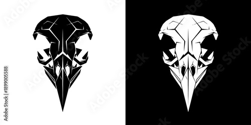 Black and white abstract skull designs on contrasting backgrounds