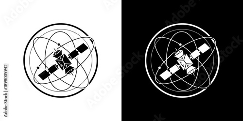 Black and white satellite orbit illustrations on split white and black backgrounds