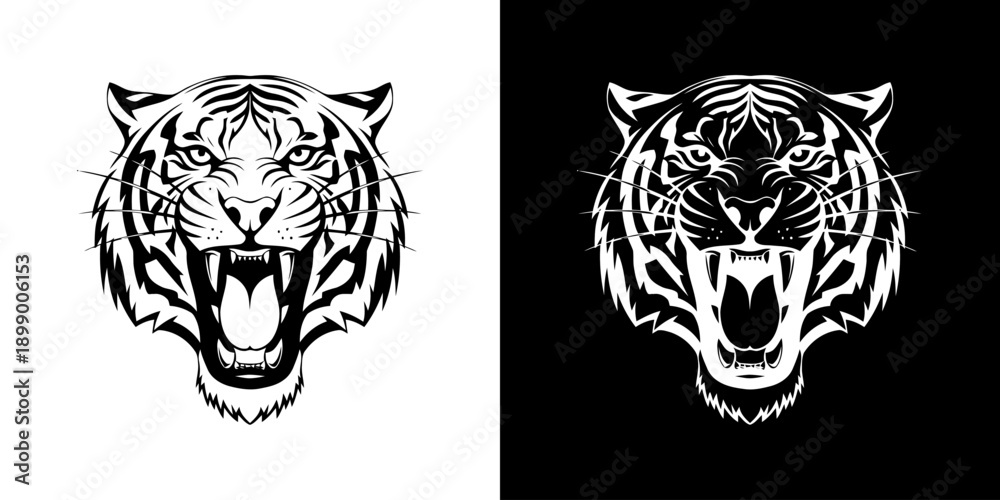 Obraz premium Black and white tiger head illustrations on white and black backgrounds.