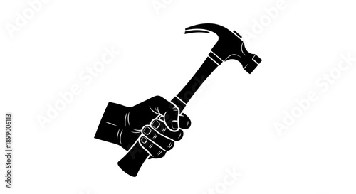 Black silhouette of a human hand firmly gripping a claw hammer, ready for work or construction.