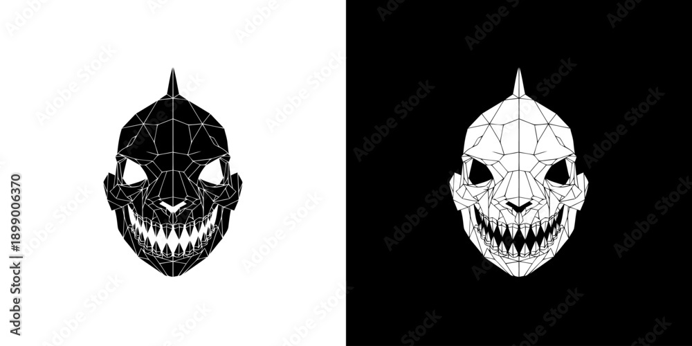 Fototapeta premium Two spider web-covered masks with sharp teeth on white and black backgrounds