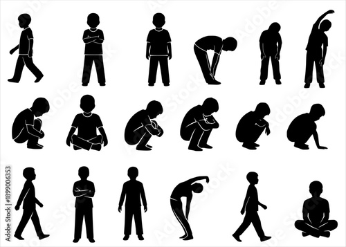 Set of boy silhouettes in various poses walking, standing, sitting, and exercising.
