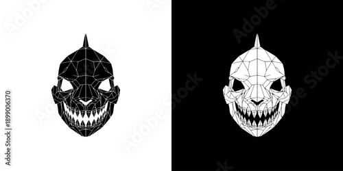 Two spider web-covered masks with sharp teeth on white and black backgrounds