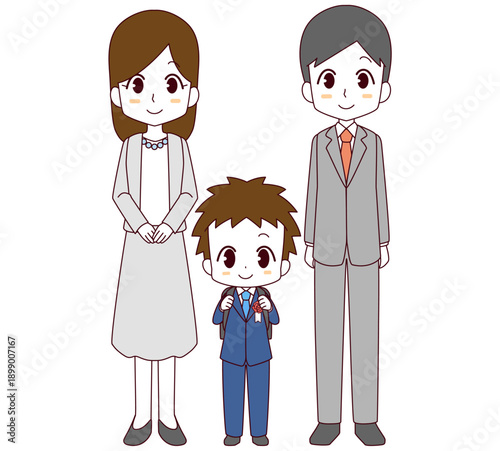 入学式の新一年生の男の子と両親のイラスト