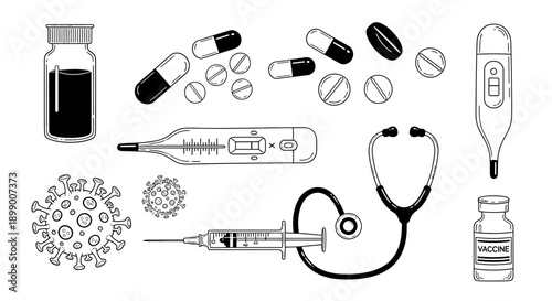 A collection of medical supplies and health-related items, including pills, thermometers, a stethoscope, syringe, vaccine vial, and virus illustrations.