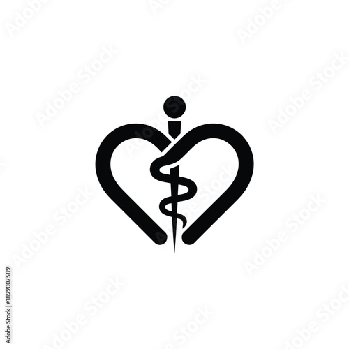 A black heart shape icon intertwined with the medical Rod of Asclepius symbol representing health and care
