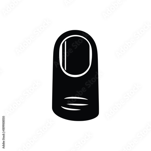A minimalist black silhouette of a human finger with a painted or manicured nail on a white background