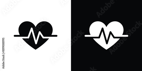 Essential healthcare icons featuring a heart symbol with an electrocardiogram line in contrasting designs