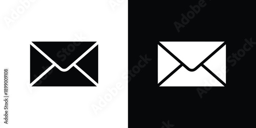 Minimalist icons depicting a mail envelope in both black and white color schemes on a split background
