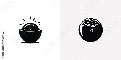 Simple black icons show a bowl of sparkling food and a broken egg on a clean white background