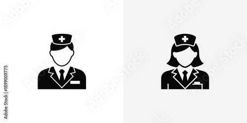 Stylized black icons depict male and female healthcare professionals wearing uniforms and medical caps with crosses