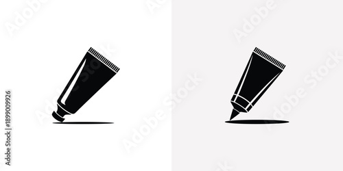 Two black and white icons depicting a dispensing tube and a marker pen side by side