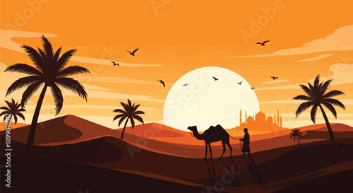 Majestic Desert Sunset With Camel And Ancient City Silhouette