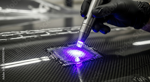Skilled technician utilizing advanced UV light technology for precise curing and bonding on a high-performance composite material surface