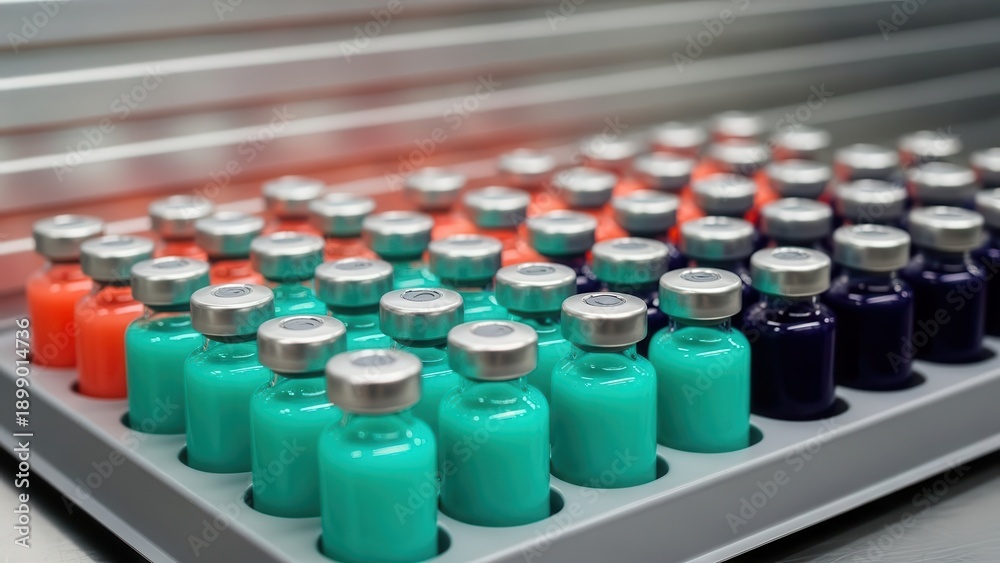 Obraz premium Rows of Luminous Teal Medicine Vials on a Pharmaceutical Production Line Ready for Distribution
