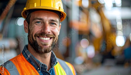 Portrait of a smiling construction worker wearing a hard hat and safety vest.