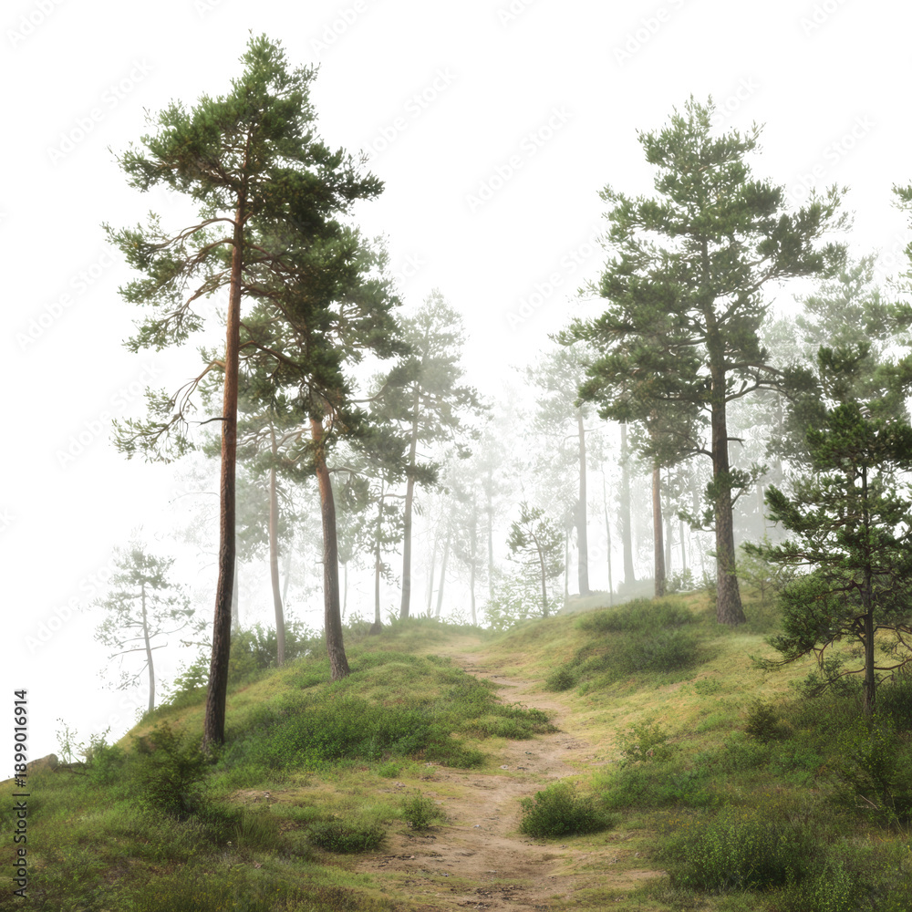 Obraz premium Misty Forest Path With Tall Pine Trees isolated on a transparent background