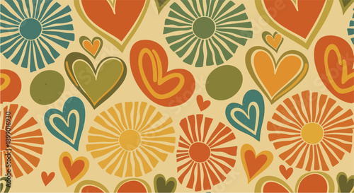 Seamless retro pattern with stylized hearts and sun-like floral shapes in warm vintage colors on a light background.