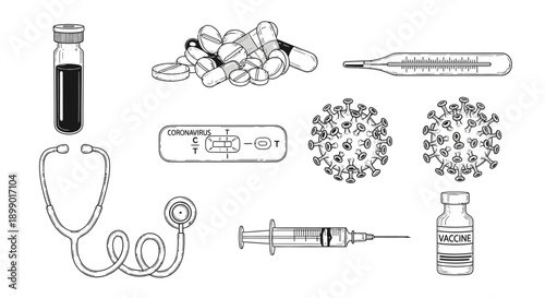 A collection of medical tools, supplies, and virus representations for healthcare and illness.